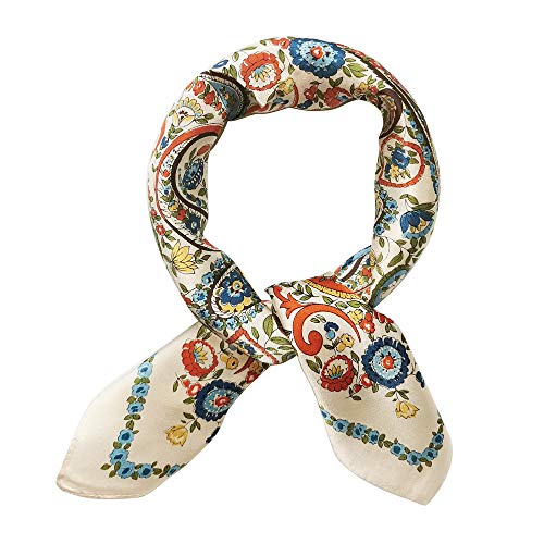 MEISEE Pure Natural Mulberry Silk Scarfs Women Small Square Scarf 21" x 21" Breathable Lightweight Neckerchief Printed Headscarf (White flower-10) - Image 1