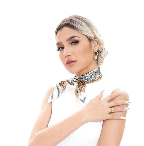 MEISEE Pure Natural Mulberry Silk Scarfs Women Small Square Scarf 21" x 21" Breathable Lightweight Neckerchief Printed Headscarf (White flower-10) - Image 4