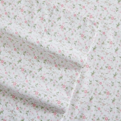 Laura Ashley Queen Size Sheet Set Crisp Cotton Percale Bedding with Matching Pillowcases Fully Elastic Fitted Sheet Deep Pocket Floral Room Decor Breathable AllSeason Comfort Evie Pink - Image 3