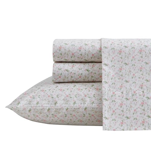 Laura Ashley Queen Size Sheet Set Crisp Cotton Percale Bedding with Matching Pillowcases Fully Elastic Fitted Sheet Deep Pocket Floral Room Decor Breathable AllSeason Comfort Evie Pink - Image 1