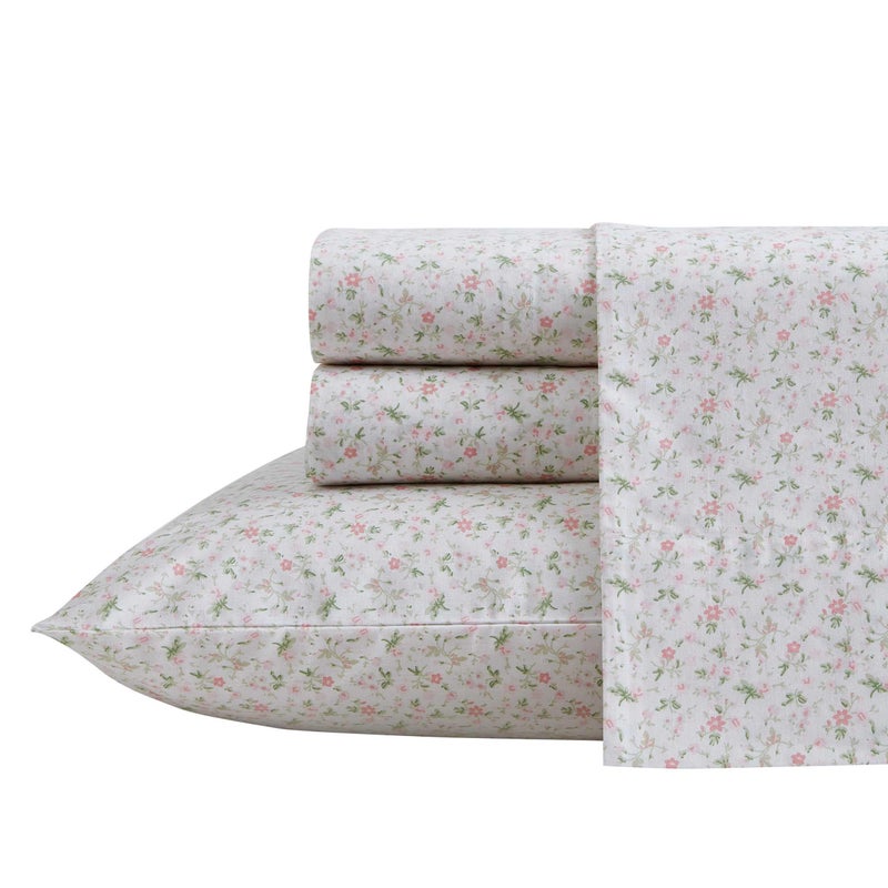Laura Ashley Queen Size Sheet Set Crisp Cotton Percale Bedding with Matching Pillowcases Fully Elastic Fitted Sheet Deep Pocket Floral Room Decor Breathable AllSeason Comfort Evie Pink - Image 2