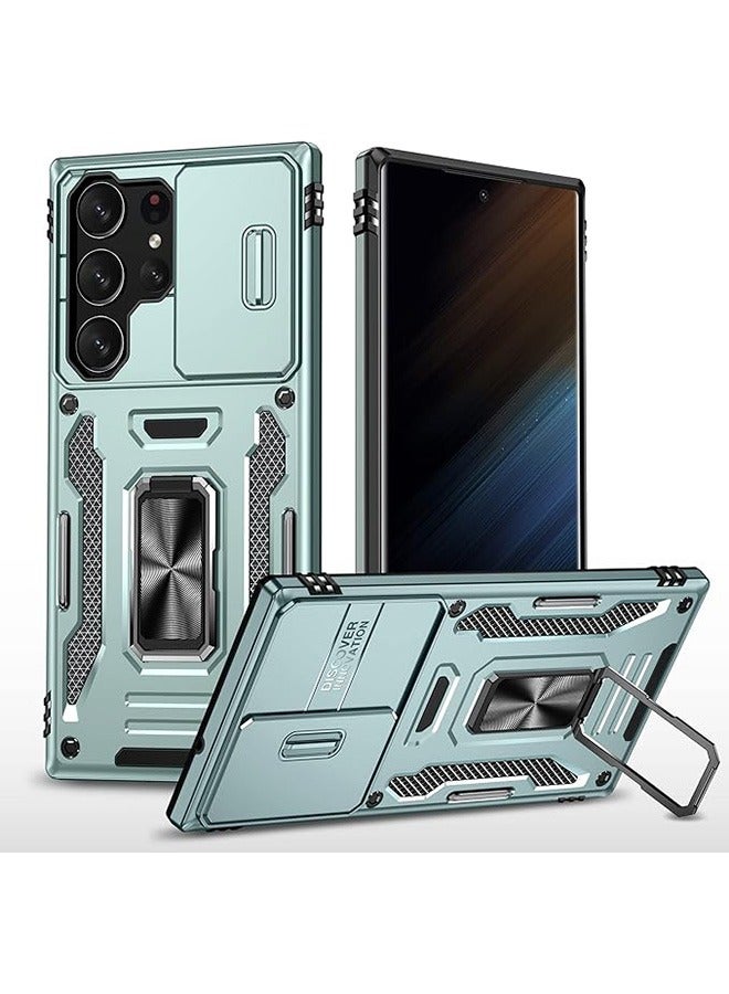 سامسونج غالاكسي S24 الترا الهاتف المحمول قذيفة ، صدمة برهان الهاتف المحمول قذيفة ، حماية ضد السقوط ، المدمج في انزلاق الكاميرا المضادة للخدش غطاء العدسة ، والتكامل 360 درجة دوار قوس دائري ، أخضر - Image 1