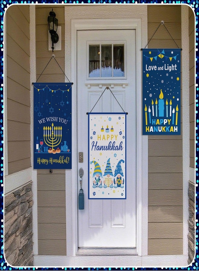 Tegeme 3 Pcs Hanukkah Door Sign Flag Chanukah Blue White Door Hanging Banner Menorah Star of David Menorah Wall Decoration for Hanukkah Party Supplies Outdoor Indoor Decoration - Image 3