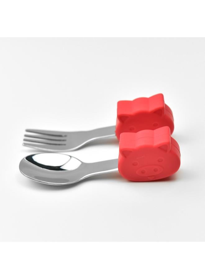 Hippo Baby Baby Learning To Eat Training Fork Spoon Short Handle Stainless Steel Tableware Children's Silicone Complementary Food Complementary Food Fork Spoon 