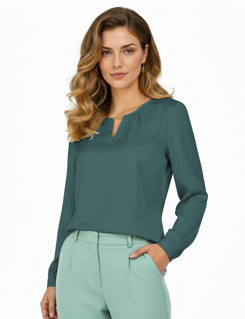 AURUZA Women's Satin Dressy Business Casual Blouse Crewneck Silk Long Sleeve Work Shirt Office Outfits Casual Spring Top Turquoise - Image 2