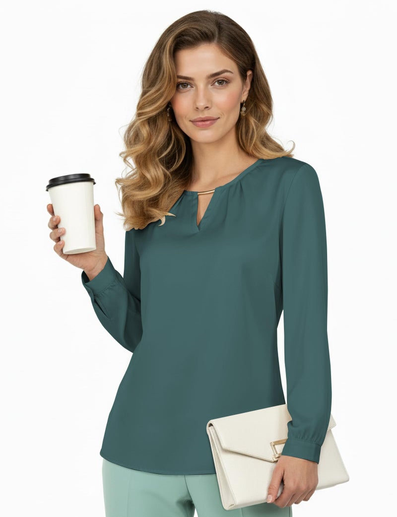 AURUZA Women's Satin Dressy Business Casual Blouse Crewneck Silk Long Sleeve Work Shirt Office Outfits Casual Spring Top Turquoise - Image 4