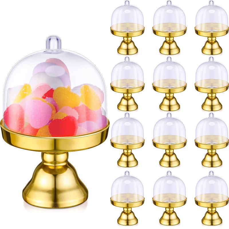 Cunhill 24 Pieces Plastic Mini Cake Stand with Dome Cover Chocolate Candy Cupcake Containers Dessert Display Plate with Dome Cover for Birthday Wedding Holiday Party Supplies (Gold, Transparent) - Image 1