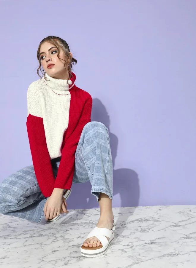 STREET 9 Gorgeous Red Colourblocked Knitted Sweater for Women