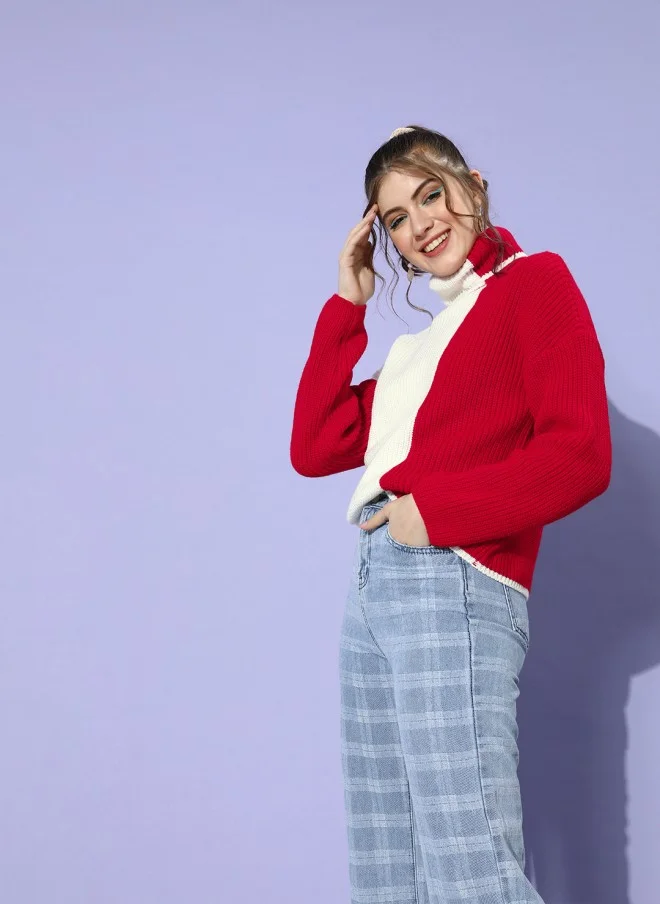 STREET 9 Gorgeous Red Colourblocked Knitted Sweater for Women