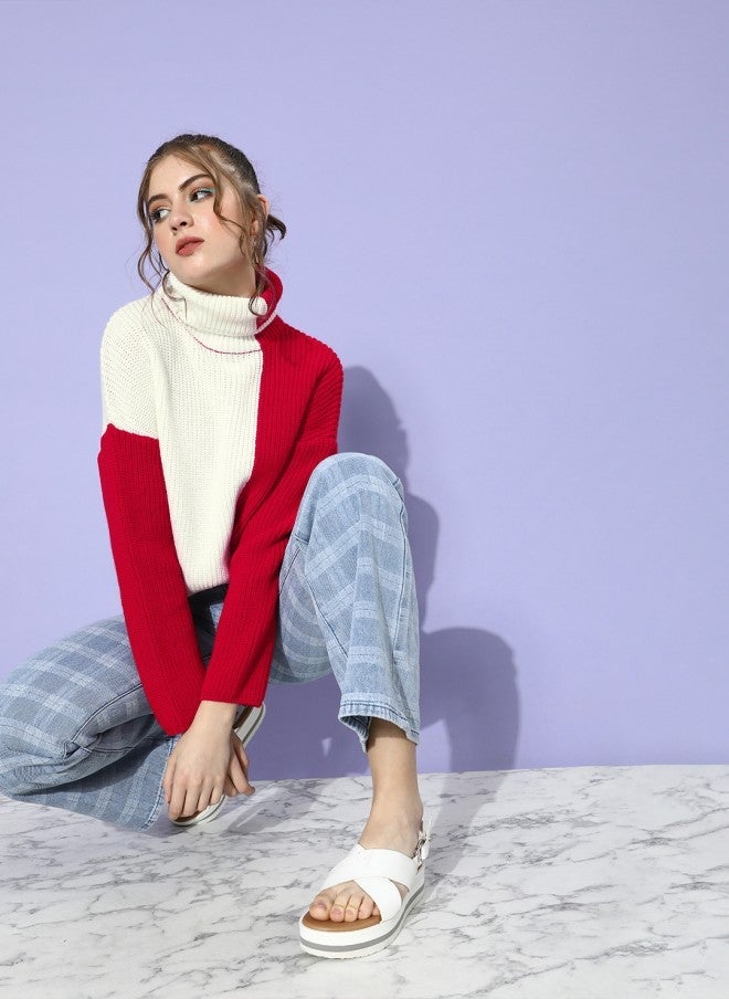 STREET 9 Gorgeous Red Colourblocked Knitted Sweater for Women - Image 2