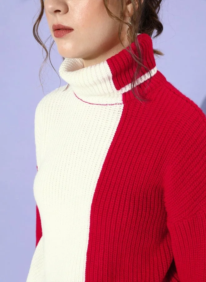 STREET 9 Gorgeous Red Colourblocked Knitted Sweater for Women