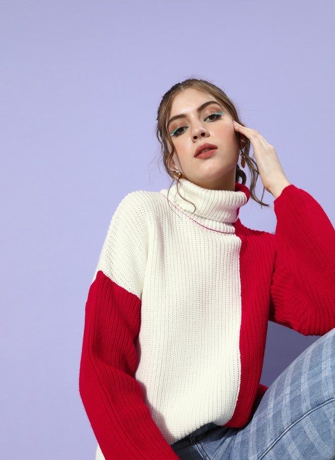 STREET 9 Gorgeous Red Colourblocked Knitted Sweater for Women - Image 3