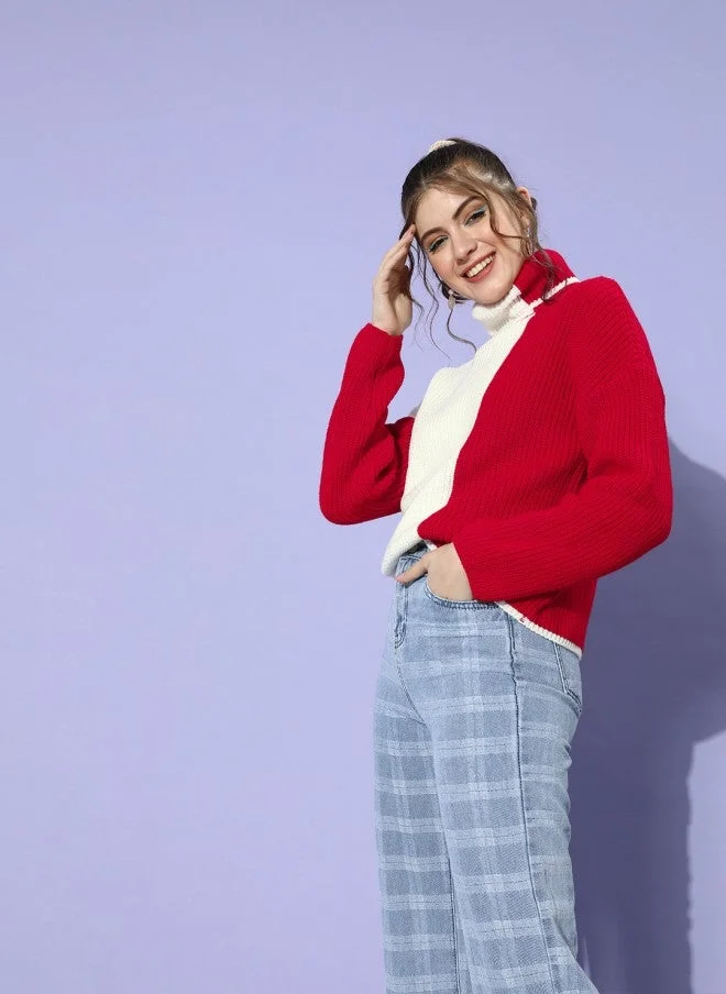 Gorgeous Red Colourblocked Knitted Sweater for Women