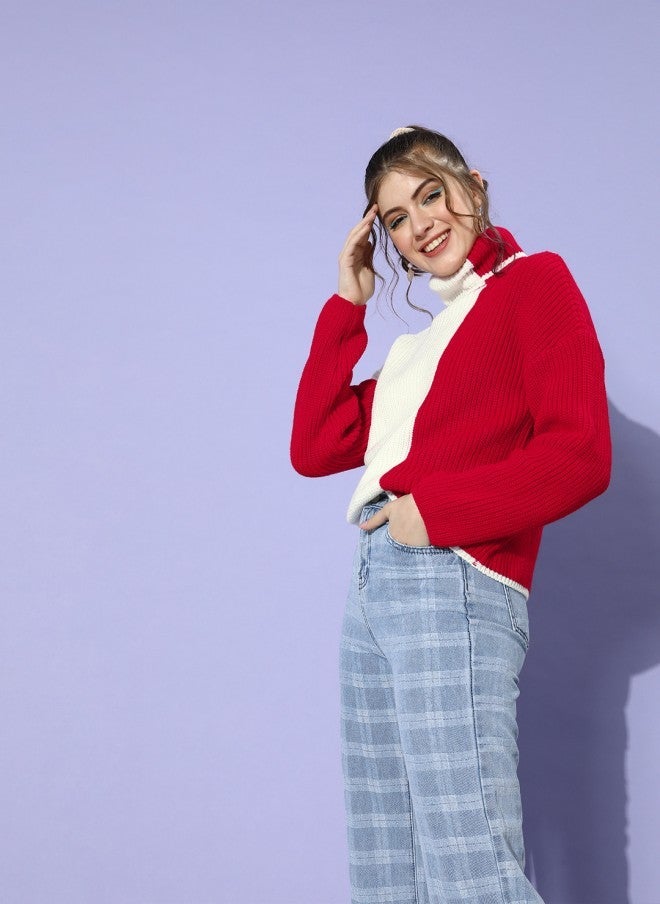 STREET 9 Gorgeous Red Colourblocked Knitted Sweater for Women - Image 1