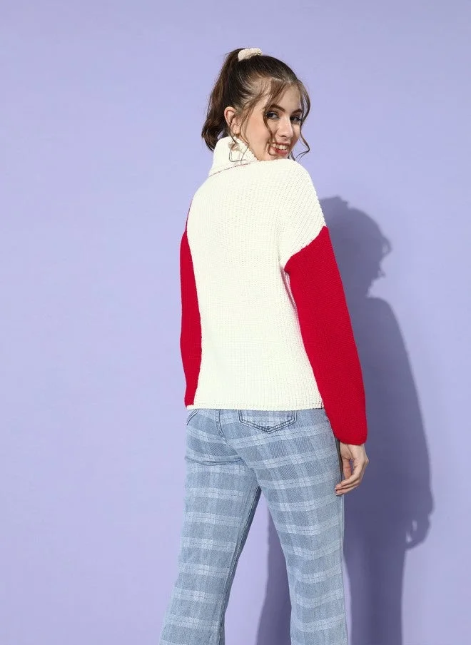 STREET 9 Gorgeous Red Colourblocked Knitted Sweater for Women