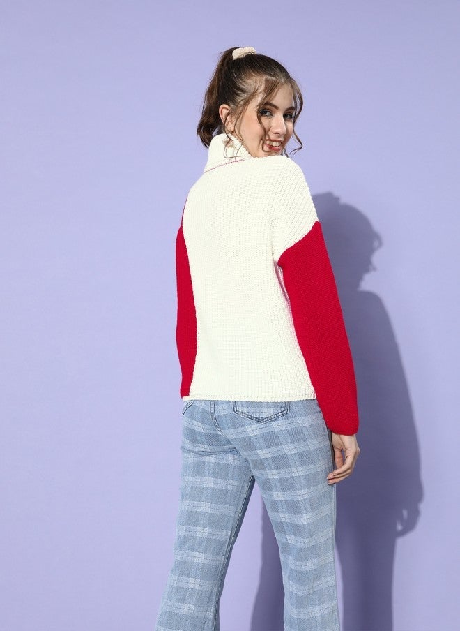 STREET 9 Gorgeous Red Colourblocked Knitted Sweater for Women - Image 4