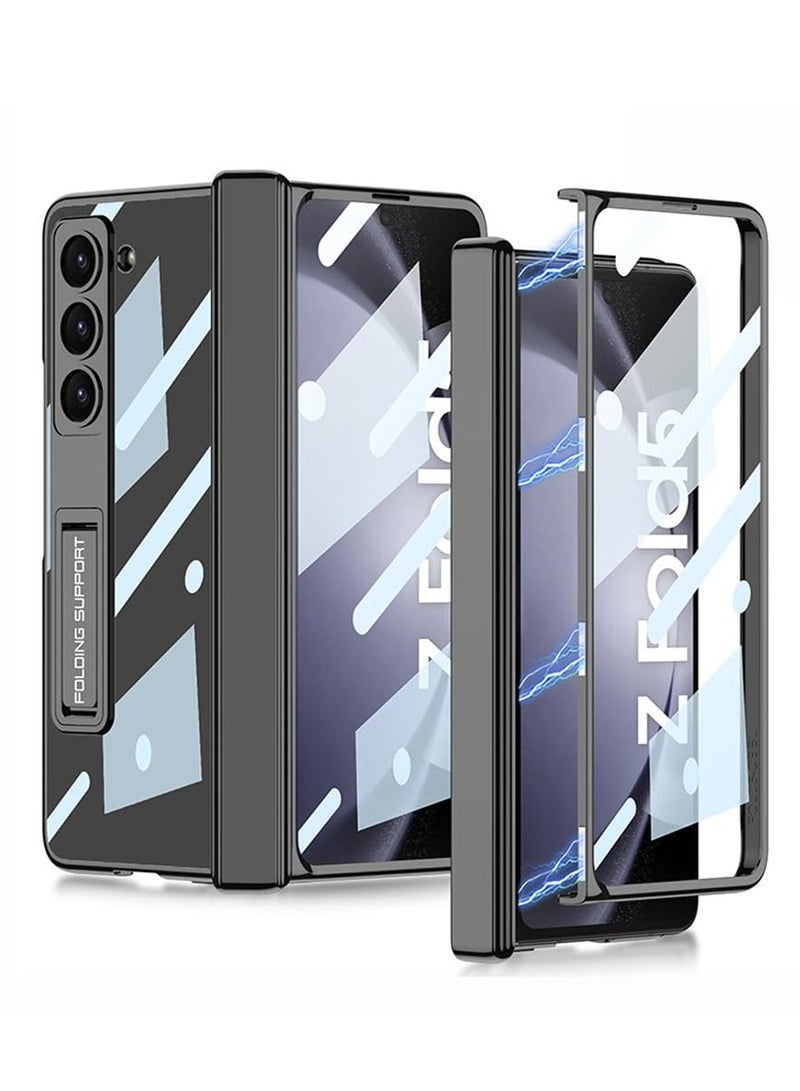 SYOSI Case for Galaxy Z Fold 5 Magnetic Hinge Coverage Protection Ultra Thin Transparent Plating Crystal Built in 3 Gears Adjustment Kickstand Front Glass All Inclusive Case Clear Black - Image 1
