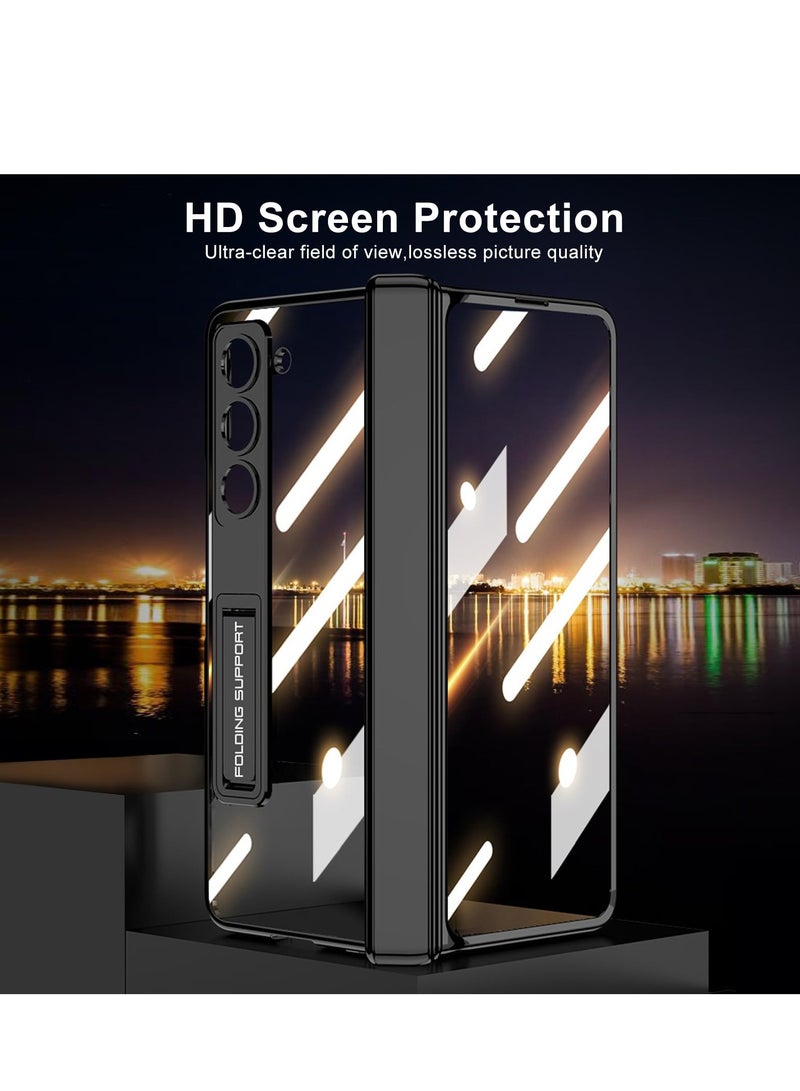 SYOSI Case for Galaxy Z Fold 5 Magnetic Hinge Coverage Protection Ultra Thin Transparent Plating Crystal Built in 3 Gears Adjustment Kickstand Front Glass All Inclusive Case Clear Black - Image 5