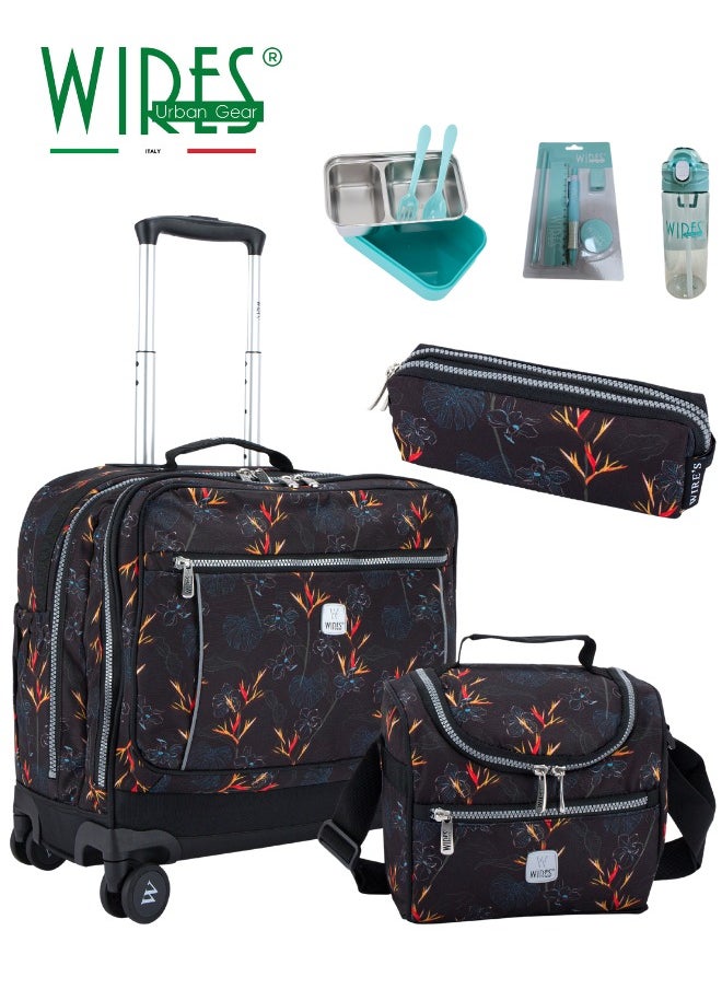Wires 3 Piece Kids School Trolley Bag laptop compartment 8 Wheels With Lunch bag & Pencil Case  - Image 1