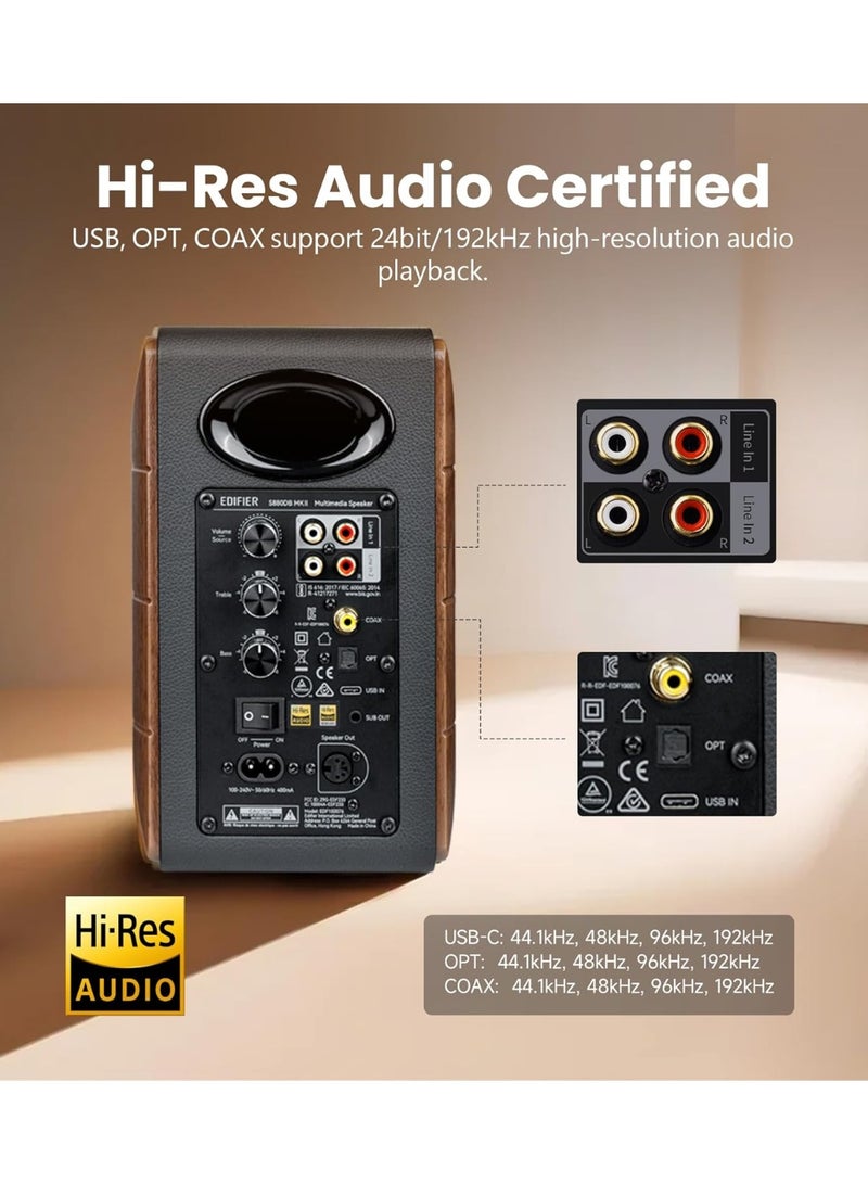 اديفير مكبرات صوت Edifier S880DB MKII Hi-Fi رفية، نظام مكبرات صوت نشط 2.0 ممتاز، شاشة صوت استوديو عالية الدقة 88 واط مع LDAC وBT5.3، مدخل USB-C/محوري/بصري/RCA ومخرج مضخم صوت للتلفزيون والكمبيوتر الشخصي ومشغل الأسطوانات - لون جوزي - Image 5