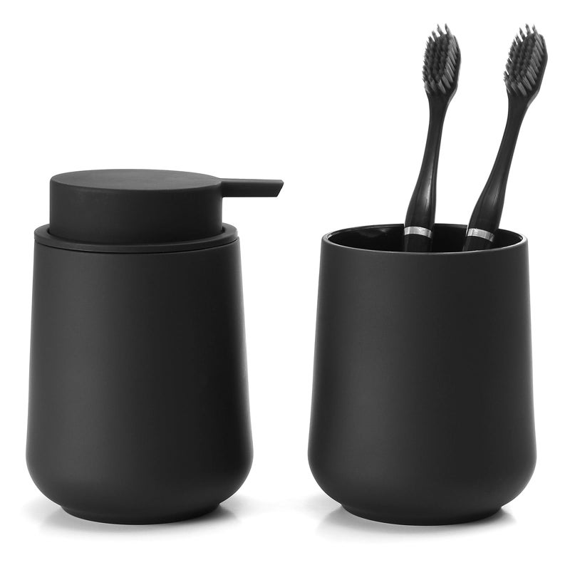 YAUKPH Matte Black Bathroom Accessories 2 Piece Set Plastic Soap Dispenser and Toothbrush Holder for Modern Bathroom Decor