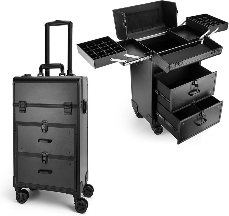 Yokilly Yokilly Rolling Makeup Train Case, Professional Cosmetology Case on Wheels, Aluminum Cosmetic Trolley Travelling Cart Trunk with Swivel Wheels, Sliding Drawer & Keys for Nail Technician Stylist(Black) 