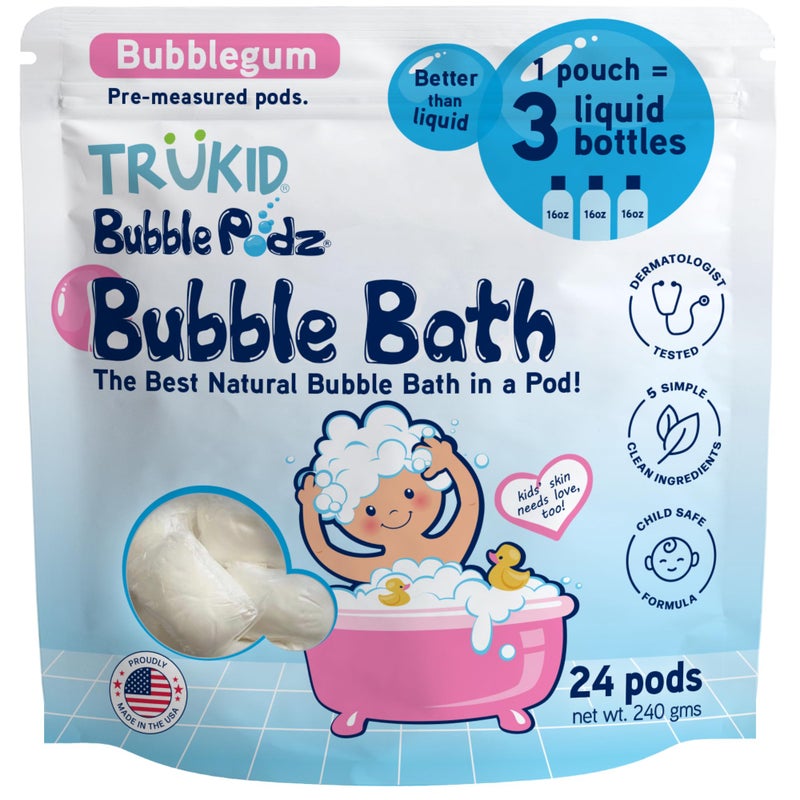 حمام فقاعات TruKid للأطفال الرضع والأطفال الصغار خالي من الدموع لطيف ومنعش قنبلة حمام للبشرة الحساسة مع مرطبات طبيعية غير سامة متوازنة الحموضة برائحة علكة الفقاعات 24 كبسولة