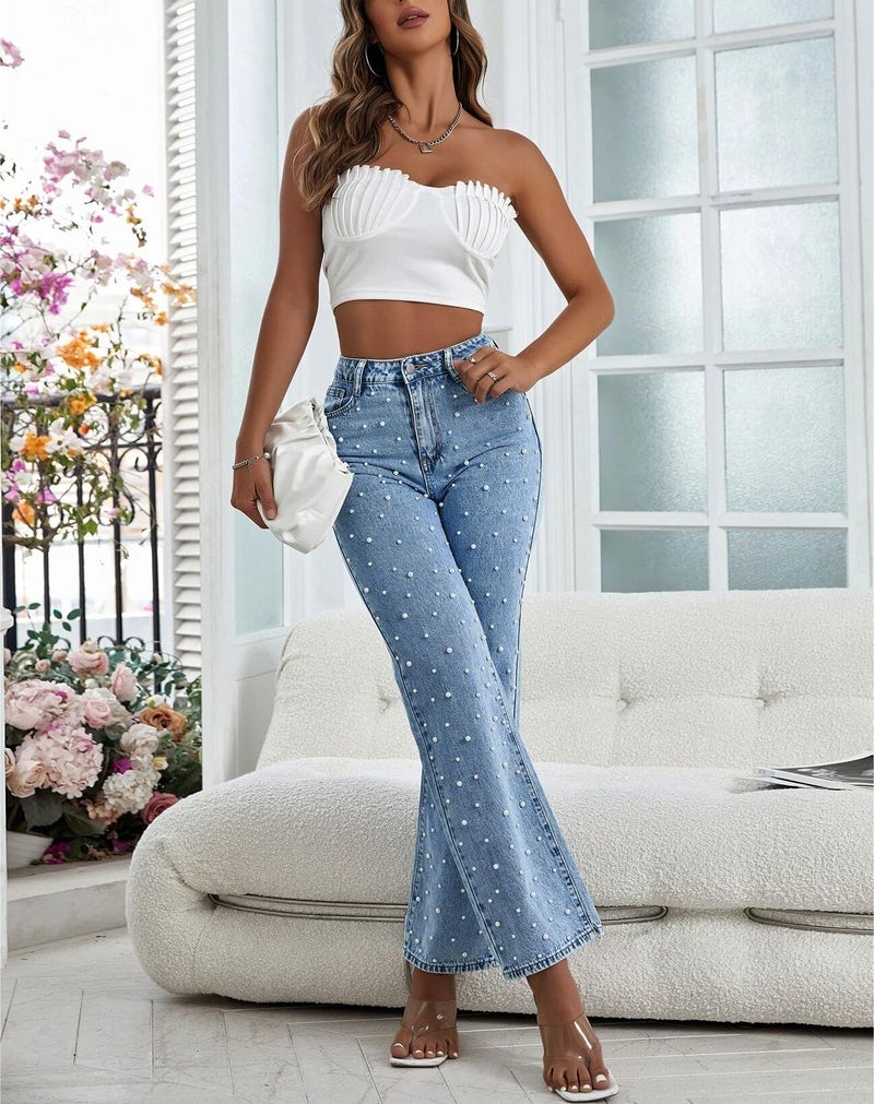 Kedera Women Pearl Baggy Jeans Loose Fit Casual Rhinestone Jeans Straight Leg Stretchy Denim Jeans Mid Blue - Image 3