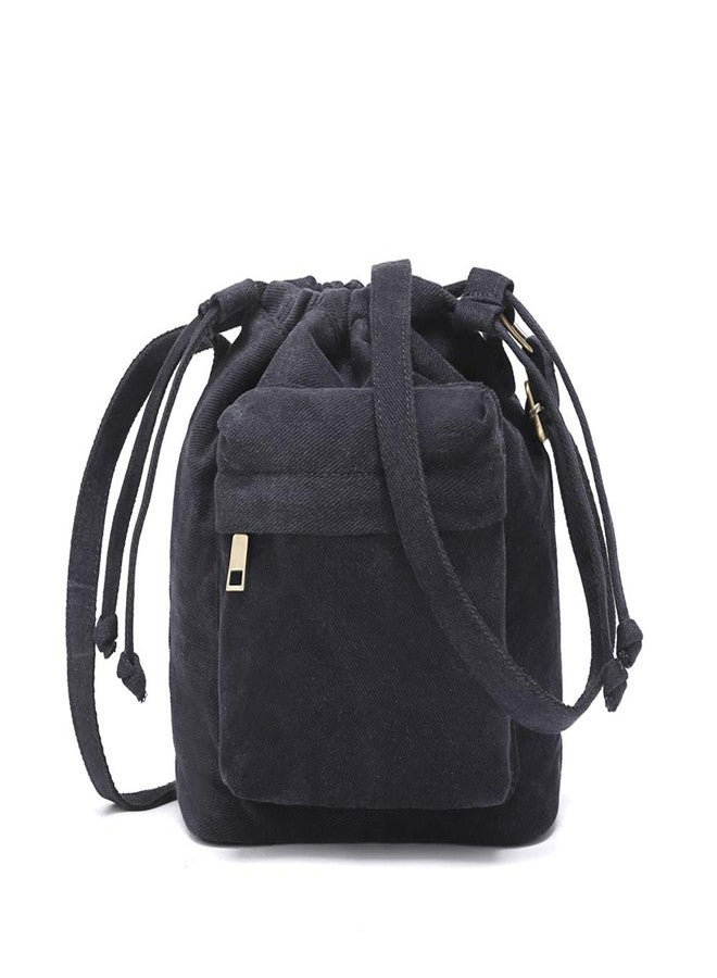 Barsine Women Small Canvas Purse Crossbody Bag Ladies Cute Little Drawstring Bucket Boho Purses, Black - Image 1