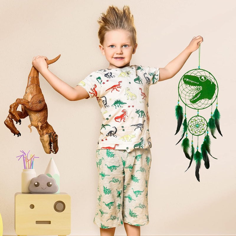 Basumee Dream Catcher for Kids Feather Dream Catchers Handmade Home Decor Wall Hanging with Double Ring for Nursery Bedroom Boys Room, Green Dinosaur - Image 3