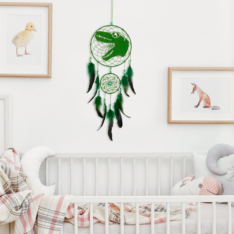 Basumee Dream Catcher for Kids Feather Dream Catchers Handmade Home Decor Wall Hanging with Double Ring for Nursery Bedroom Boys Room, Green Dinosaur - Image 2