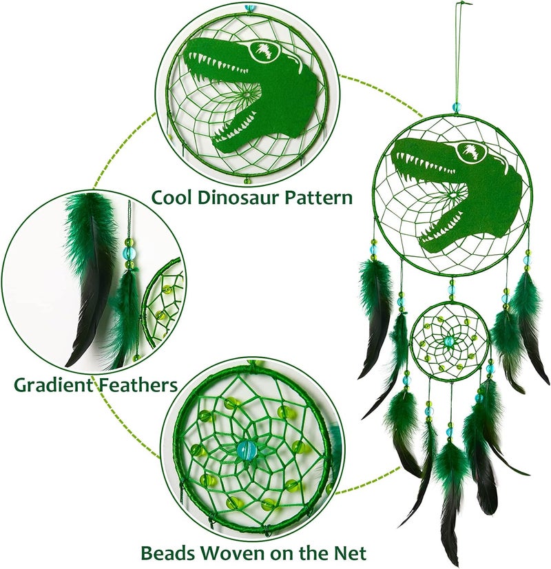 Basumee Dream Catcher for Kids Feather Dream Catchers Handmade Home Decor Wall Hanging with Double Ring for Nursery Bedroom Boys Room, Green Dinosaur - Image 4