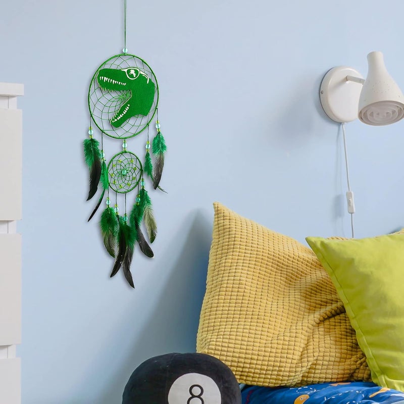 Basumee Dream Catcher for Kids Feather Dream Catchers Handmade Home Decor Wall Hanging with Double Ring for Nursery Bedroom Boys Room, Green Dinosaur - Image 1
