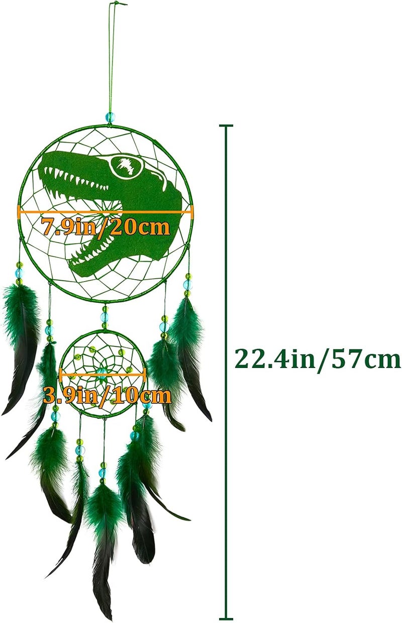 Basumee Dream Catcher for Kids Feather Dream Catchers Handmade Home Decor Wall Hanging with Double Ring for Nursery Bedroom Boys Room, Green Dinosaur - Image 5