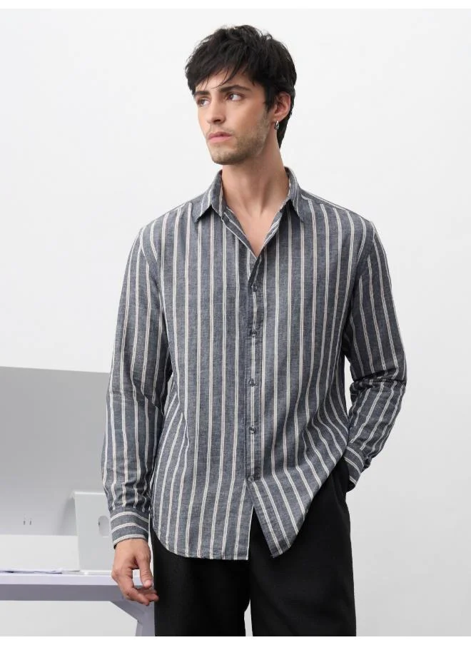 The Souled Store The Souled Store Men Cotton Linen Stripes Azure Grey Easy Fit Shirts