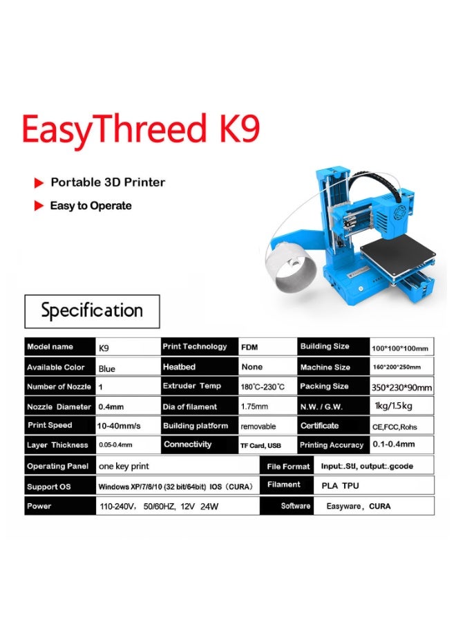 إيزي ثريد طابعة Easythreed K9 Mini ثلاثية الأبعاد، حجم طباعة 100×100×100 مم، طابعة FDM ثلاثية الأبعاد مثالية للأطفال والطلاب والتعليم المنزلي والمشاريع اليدوية، طباعة بضغطة زر واحدة، فوهة 0.4 مم، متوافقة مع خيوط PLA، حاصلة على شهادات CE وFCC وRoHS، هدية مثالية للأطفال خلال العطلات. - Image 4