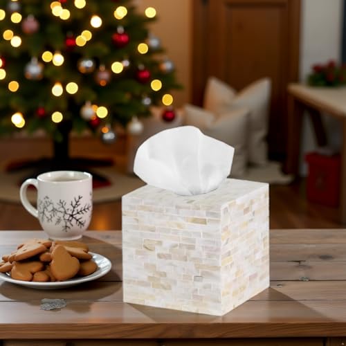 PEMAR Handcrafted Wooden Tissue Box Cover for Small Cube Tissue Boxes Only (Max Inner Size 4.7”) – Mother of Pearl Inlay Decorative Tissue Holder for Bathroom, Living Room & Office (Milano) - Image 2