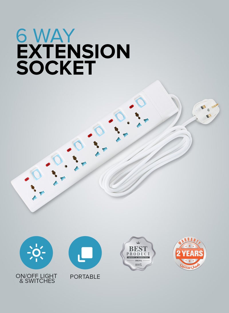 GEEPAS 6 Way Extension Socket 13A - Extension Strip with 6 Led Indicators with Power Switches | 3 Meter Cord| Ideal for All Electronic Devices | 2 Years Warranty White/Blue - Image 3