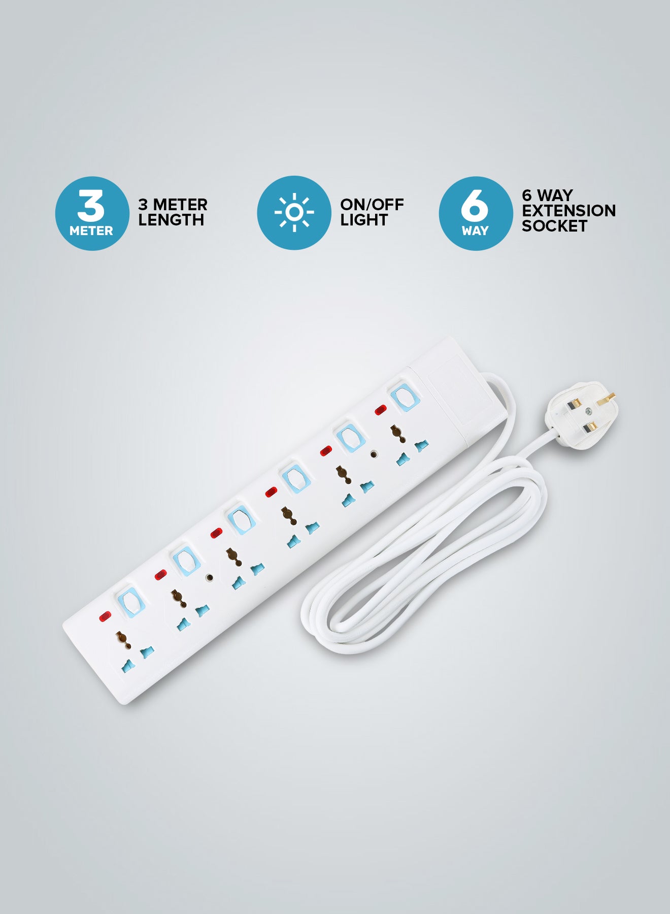 6 Way Extension Socket 13A - Extension Strip with 6 Led Indicators with Power Switches | 3 Meter Cord| Ideal for All Electronic Devices | 2 Years Warranty White/Blue