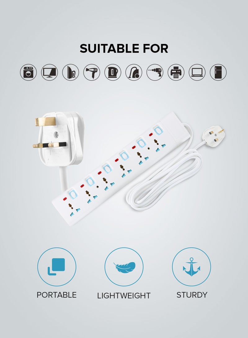 GEEPAS 6 Way Extension Socket 13A - Extension Strip with 6 Led Indicators with Power Switches | 3 Meter Cord| Ideal for All Electronic Devices | 2 Years Warranty White/Blue - Image 5