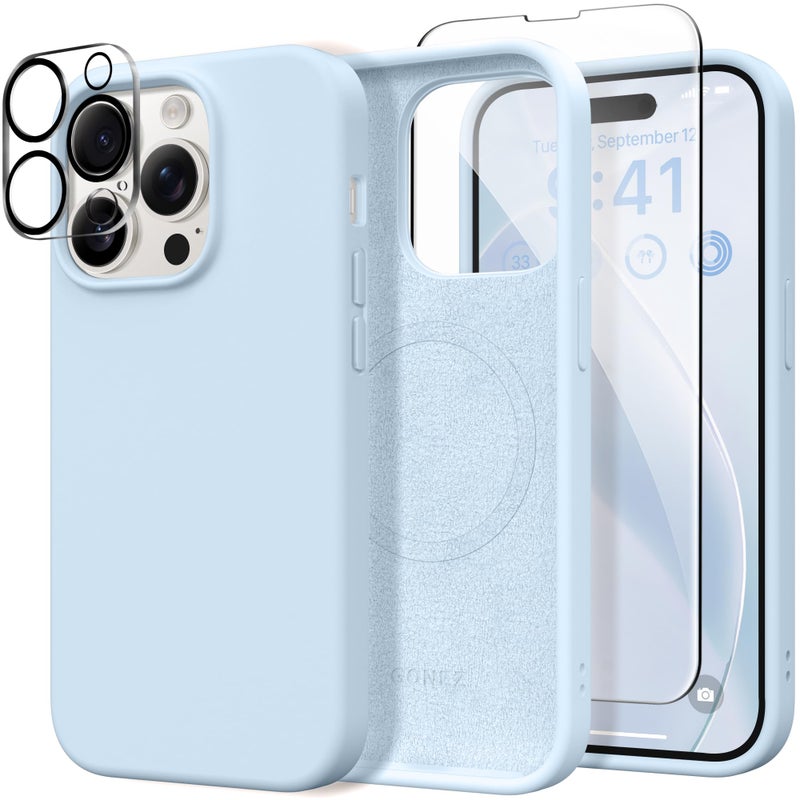 GONEZ for iPhone 14 Pro Case, Compatible with Magsafe, with Screen Protector + Camera Lens Protector, Soft Anti-Scratch Microfiber Lining, Shockproof Liquid Silicone Phone Cover, Blue - Image 1