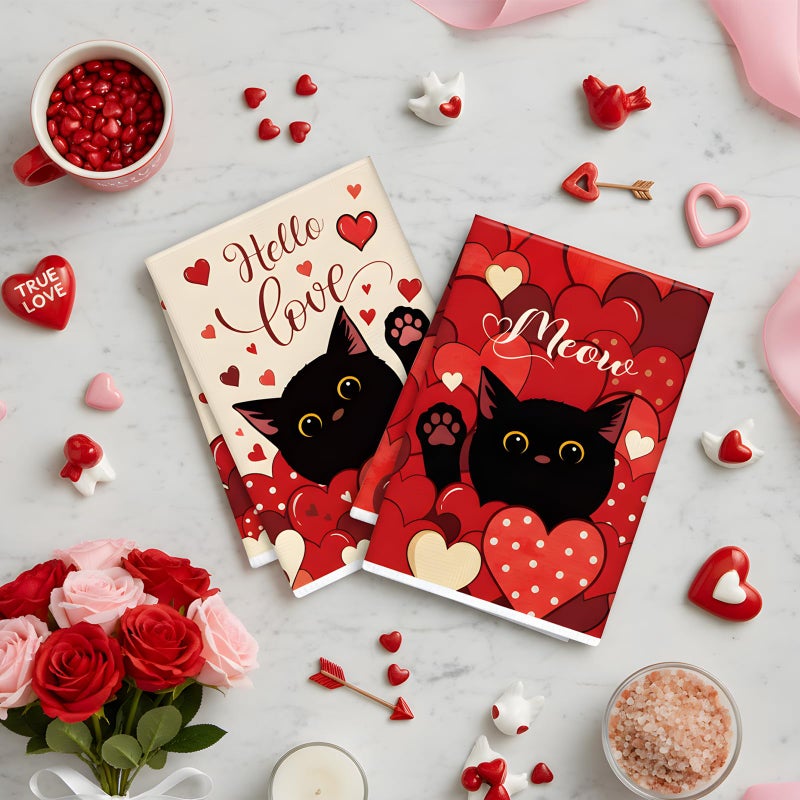 VISSTREE Valentines Day Kitchen Towels, 4 PCS Black Cat Red Heart Dish Towels, Absorbent Hello Love Dish Cloth Hand Towel for Kitchen Anniversary Wedding Valentines Decoration Housewarming Gifts - Image 4