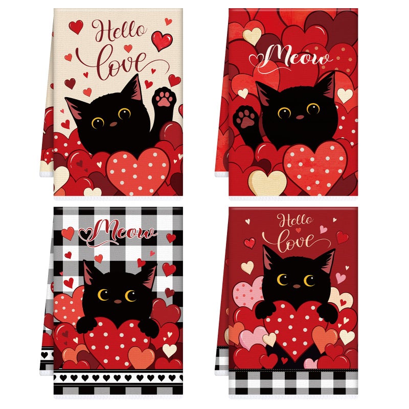 VISSTREE Valentines Day Kitchen Towels, 4 PCS Black Cat Red Heart Dish Towels, Absorbent Hello Love Dish Cloth Hand Towel for Kitchen Anniversary Wedding Valentines Decoration Housewarming Gifts - Image 1