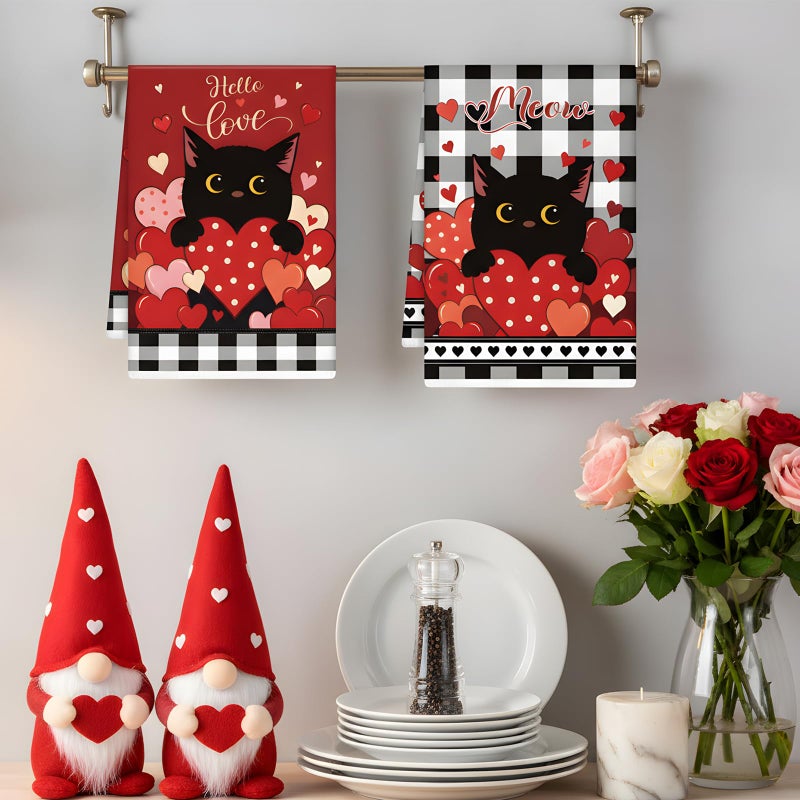 VISSTREE Valentines Day Kitchen Towels, 4 PCS Black Cat Red Heart Dish Towels, Absorbent Hello Love Dish Cloth Hand Towel for Kitchen Anniversary Wedding Valentines Decoration Housewarming Gifts - Image 5