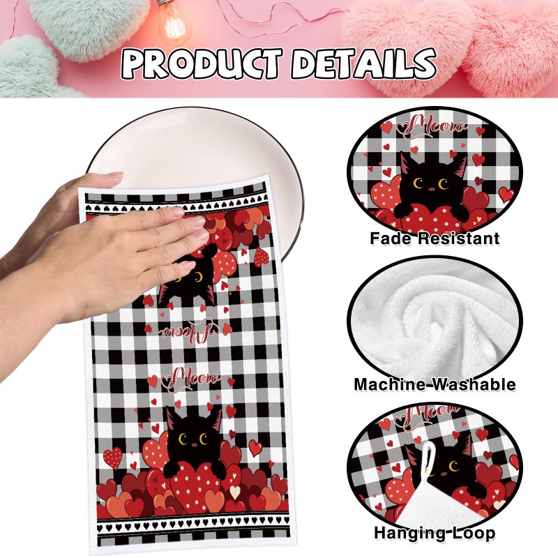 VISSTREE Valentines Day Kitchen Towels, 4 PCS Black Cat Red Heart Dish Towels, Absorbent Hello Love Dish Cloth Hand Towel for Kitchen Anniversary Wedding Valentines Decoration Housewarming Gifts - Image 3