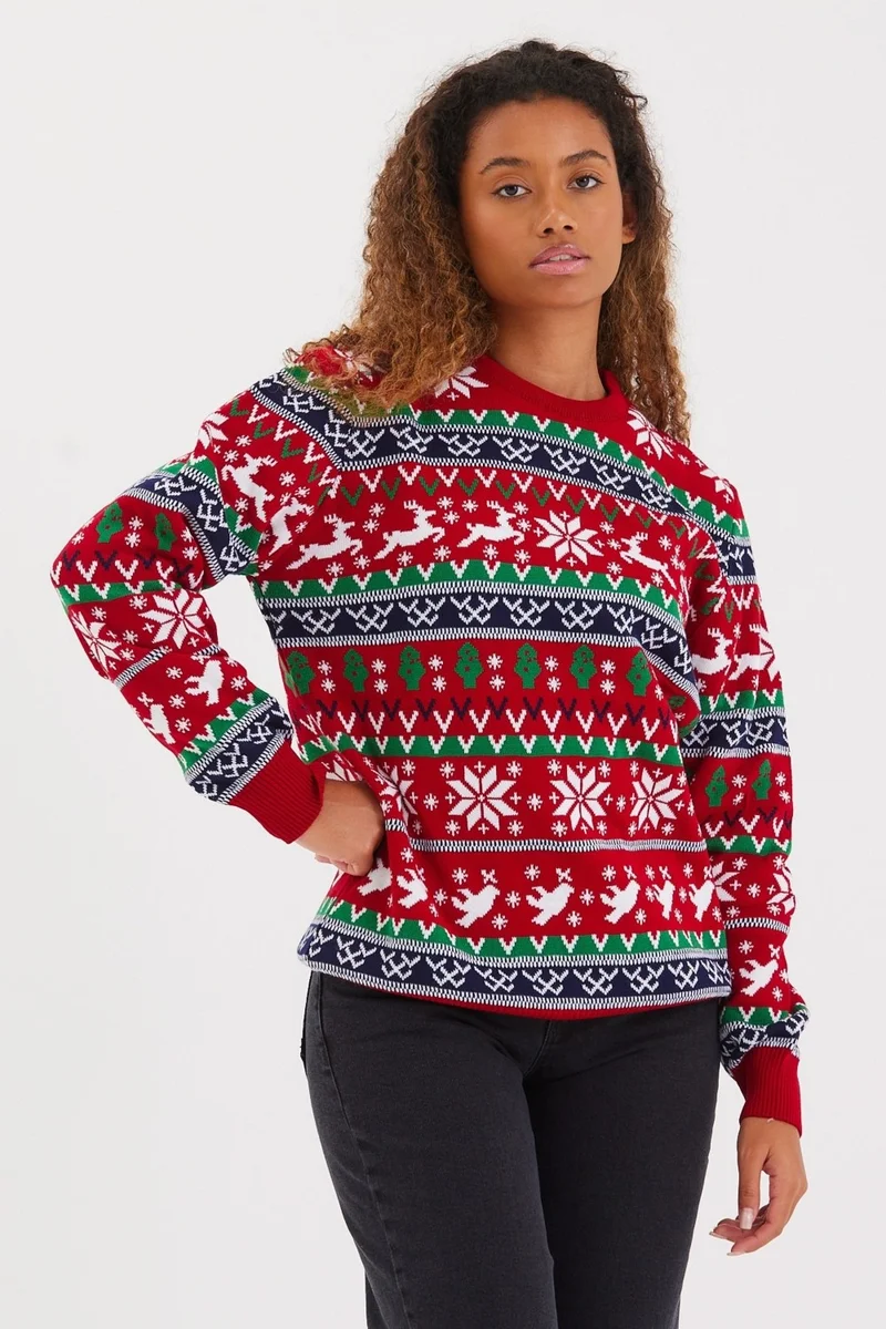 كوول تارز Cool Style Women's Red-Green-White Cristmas New Year Sweater