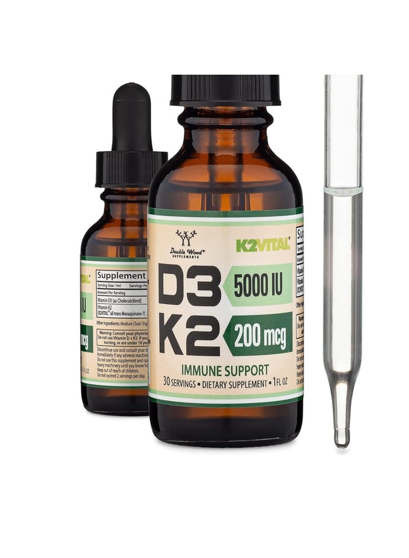 Double Wood Supplements Vitamin D3 K2 5,000 IU of D3 and 200mcg Liquid Imuune Support 1 fl oz