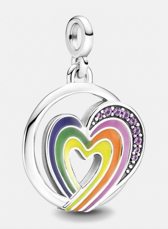 Rainbow Heart Sterling Silver Medallion with Royal Purple Crystal, Blue, Green, Yellow, Orange And Purple Enamel