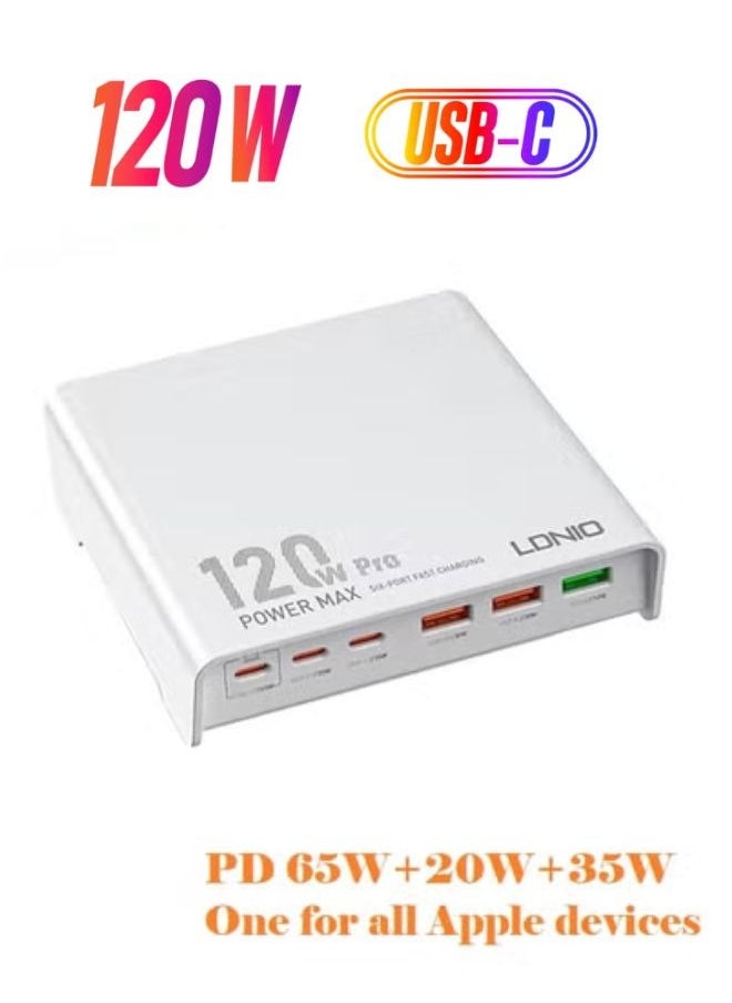 LDNIO 120w Desktop Charging USB hub 3 Port USB C 3 Port USB A Charging Station Fast Desktop Charging For iPhone Tablet Macbook Laptop White  - Image 1