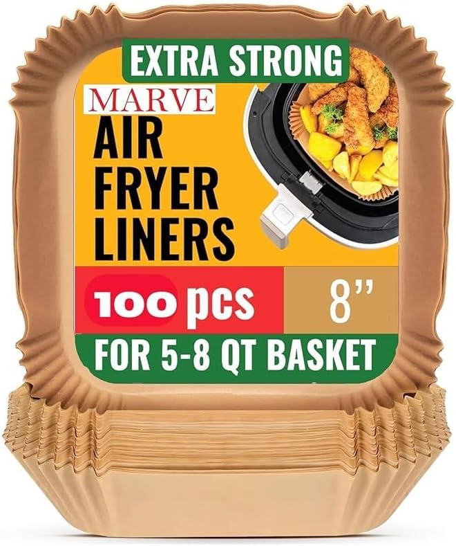katbite Marve Square Air Fryer Liners Food-Grade BPA Free Air Fryer Paper for 5 to 8 litres Oil-Free Fryers - Healthy Cooking I Heat Resistance Air Fryer, Baking, Roasting Microwave (100 Square Air Fryer) - Image 1